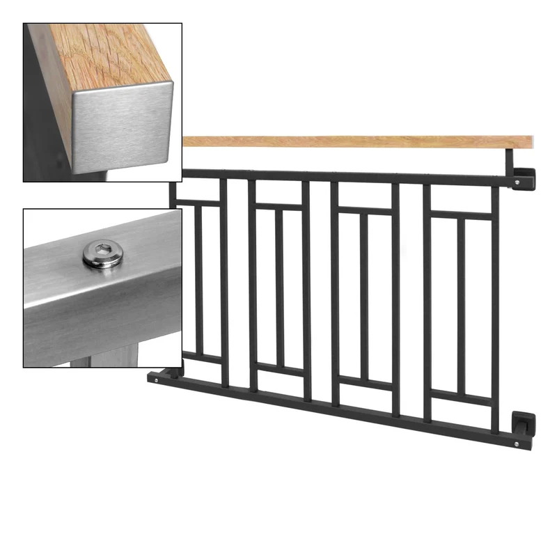 Französischer Balkon Anthrazit 90x128 cm mit 4 Füllelementen, Holzoptik aus verzinkter Stahl