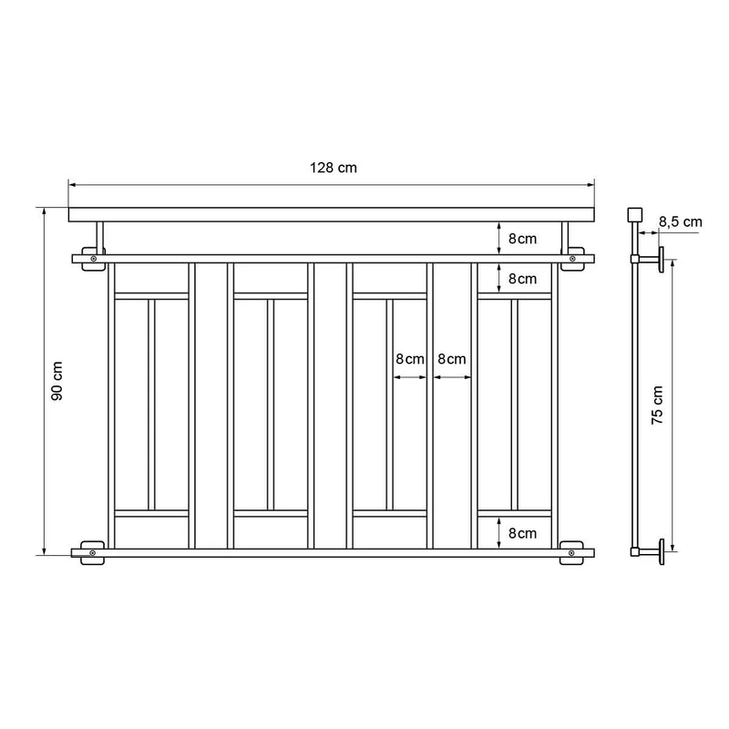 Französischer Balkon Anthrazit 90x128 cm mit 4 Füllelementen, Holzoptik aus verzinkter Stahl