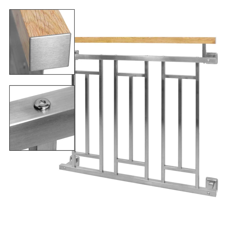 Französischer Balkon Silber 90x100 cm mit 3 Füllelementen, Holzoptik aus Edelstahl