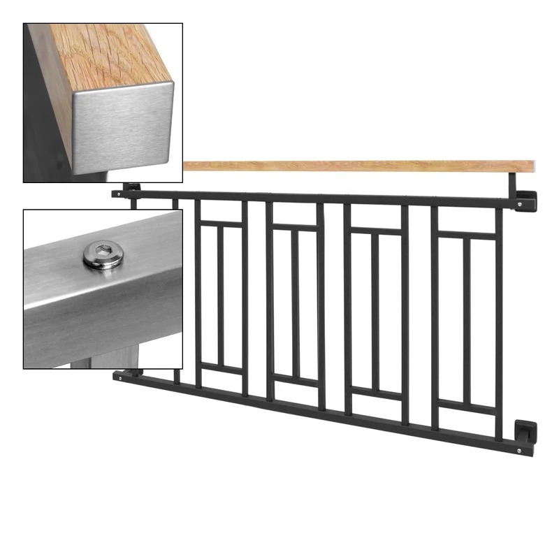 Französischer Balkon Anthrazit 90x156 cm mit 5 Füllelementen, Holzoptik aus verzinkter Stahl