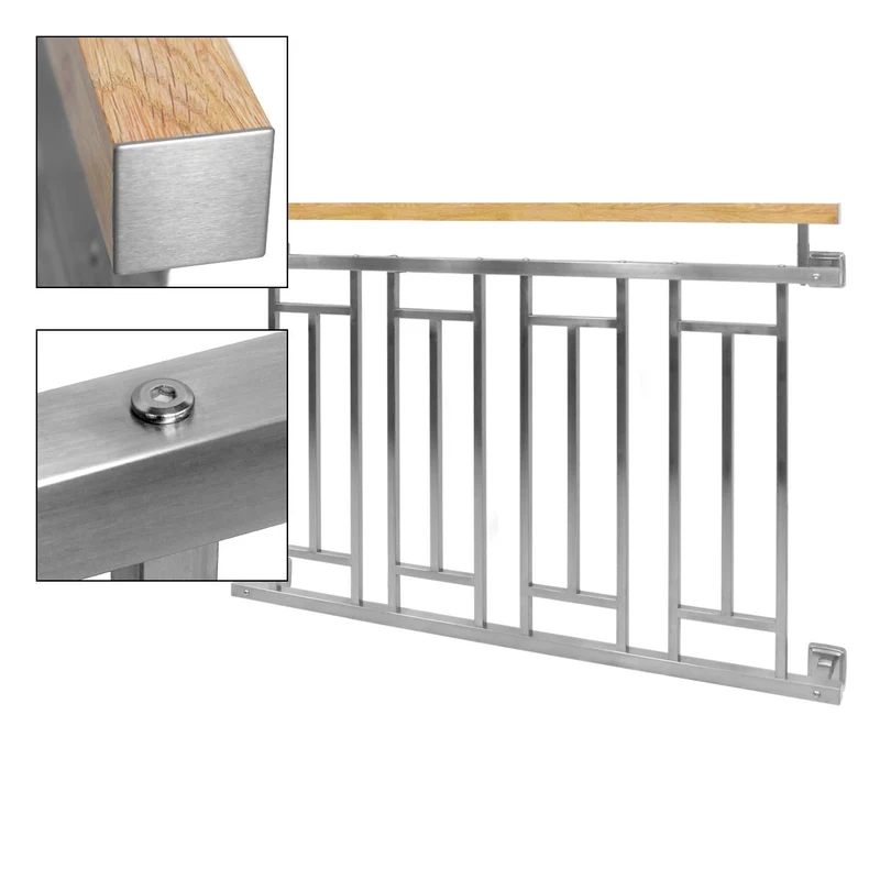 Französischer Balkon Silber 90x128 cm mit 4 Füllelementen, Holzoptik aus Edelstahl