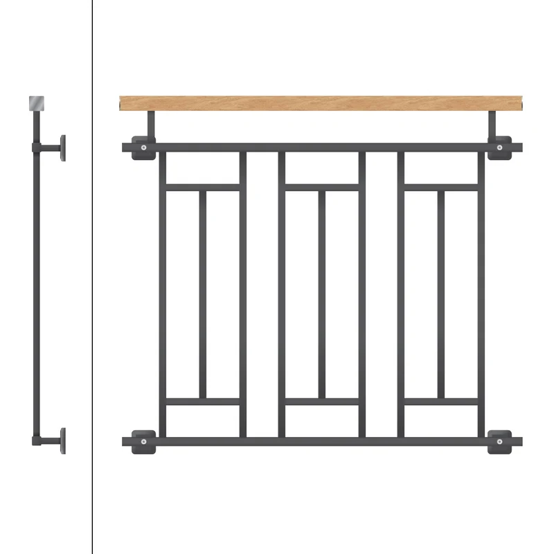 Französischer Balkon Anthrazit 90x100 cm mit 3 Füllelementen, Holzoptik aus verzinkter Stahl