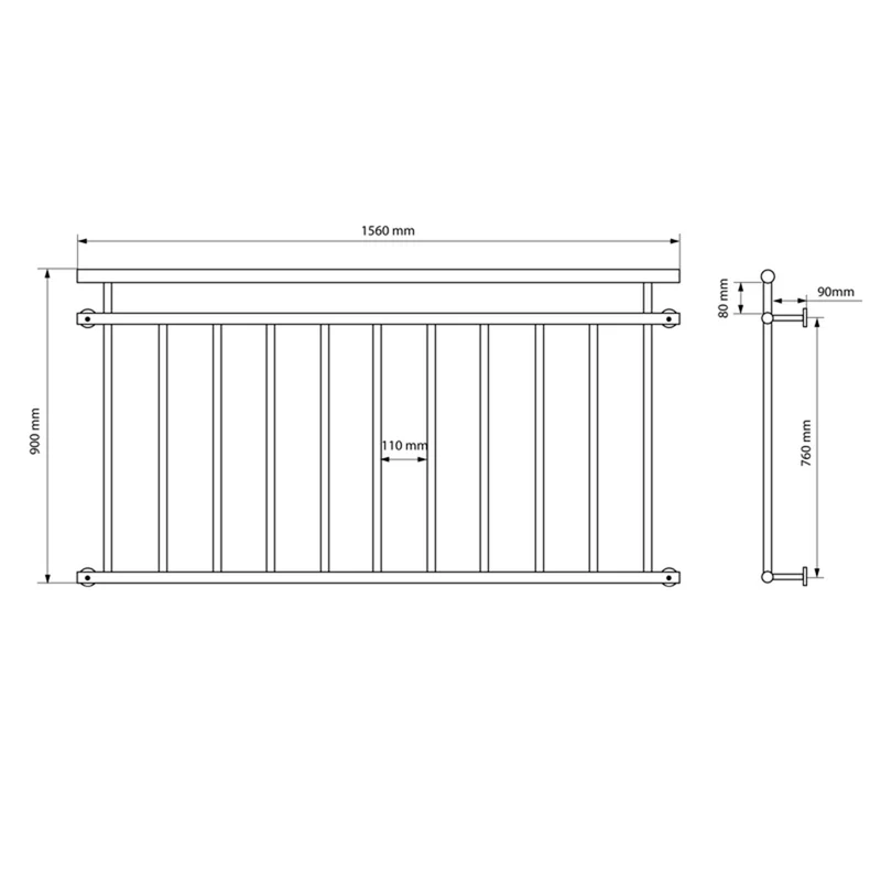 Französischer Balkon 90x156 cm glänzend mit 11 Füllstäben aus Edelstahl
