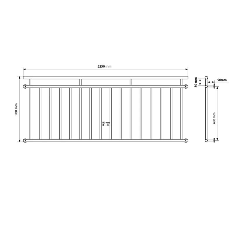 Französischer Balkon Schwarz 225x90 cm mit 16 Füllstäben aus pulverbeschichtem Stahl