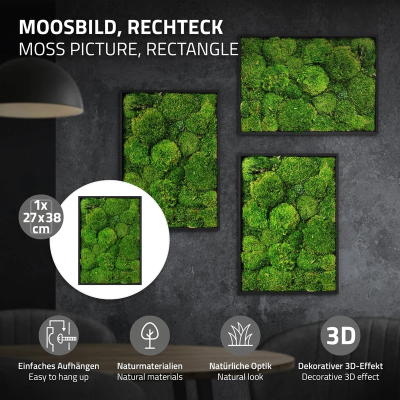 ECD GERMANY | Moosbild mit echtem Kugelmoos, Rechteck, 38x27 cm, Grün, Mooswand Indoor, Wanddeko mit Holzrahmen, Wandbild, Moos Deko für Haus & Büro