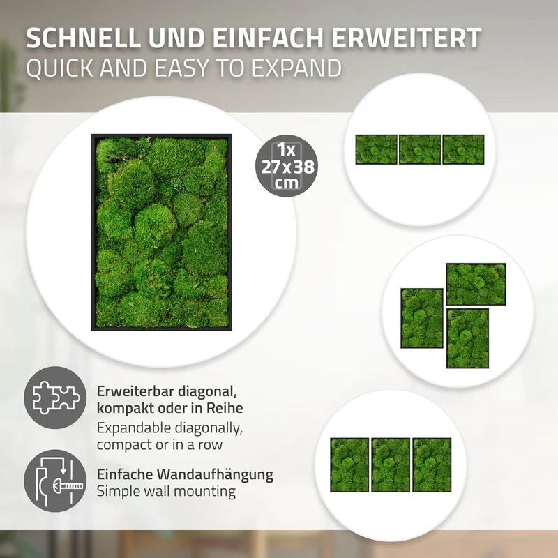 ECD GERMANY | Moosbild mit echtem Kugelmoos, Rechteck, 38x27 cm, Grün, Mooswand Indoor, Wanddeko mit Holzrahmen, Wandbild, Moos Deko für Haus & Büro