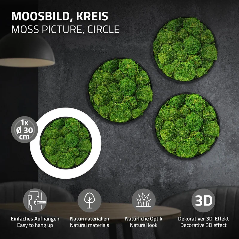 ECD GERMANY | Moosbild mit echtem Kugelmoos, Rund, Ø 30 cm, Grün, Mooswand Indoor, Wanddeko mit Holzrahmen, Wandbild, Moos Deko für Haus & Büro