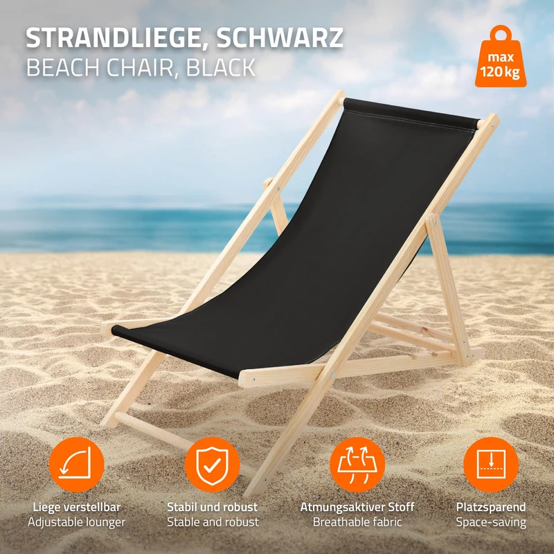 Gartenstuhl Strandliege Liegestuhl Sonnenliege Schwarz aus Holz klappbar