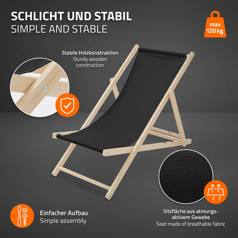 Gartenstuhl Strandliege Liegestuhl Sonnenliege Schwarz aus Holz klappbar