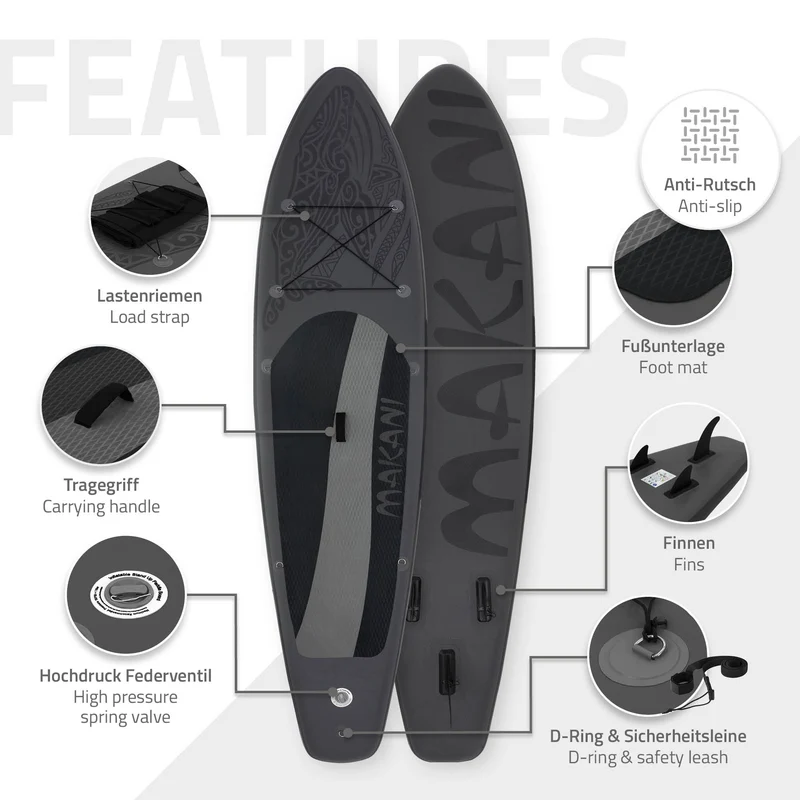 Stand Up Paddle aufblasbares SUP Board Makani 320x80x15 cm in Schwarz us PVC inkl. Pumpe und Tragetasche