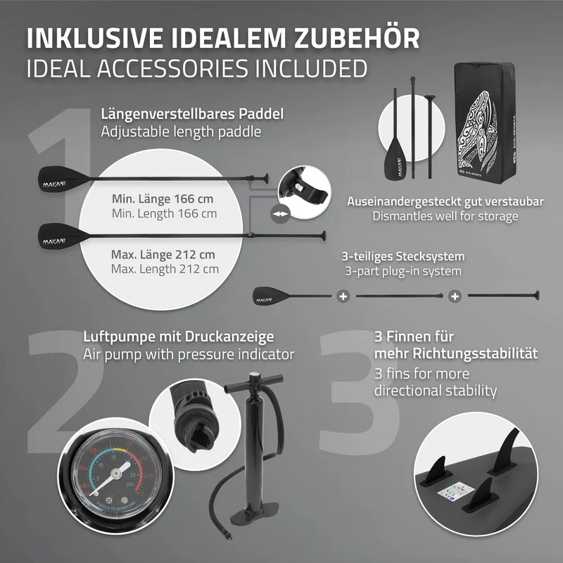 Stand Up Paddle aufblasbares SUP Board Makani 320x80x15 cm in Schwarz us PVC inkl. Pumpe und Tragetasche