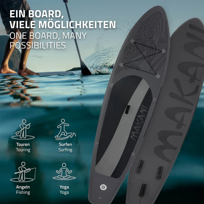 Stand Up Paddle aufblasbares SUP Board Makani 320x80x15 cm in Schwarz us PVC inkl. Pumpe und Tragetasche