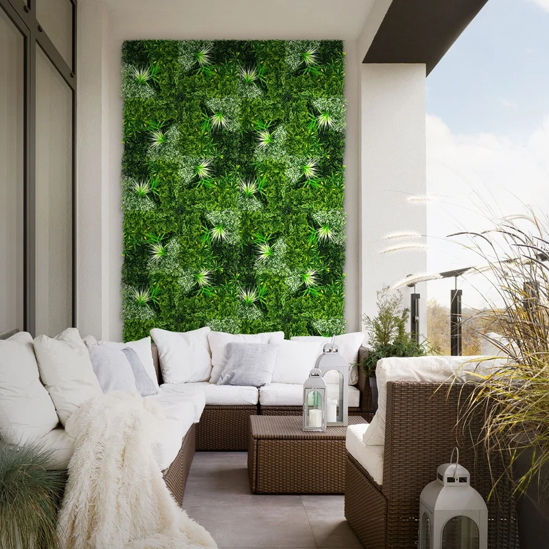 ECD Germany | Künstliche Pflanzenwand White Blossom 4er Set 50x50 cm Grün Kunstpflanzen Wandpaneele Indoor Outdoor Blumenwand Sichtschutz Wandpflanzen