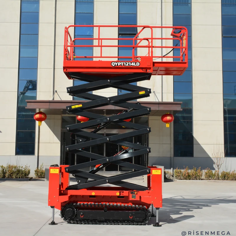 Hydraulische Scherenhebebühne aus Stahl mit hoher Raupenfahrwerk, 16 m, mit hydraulischen Auslegern