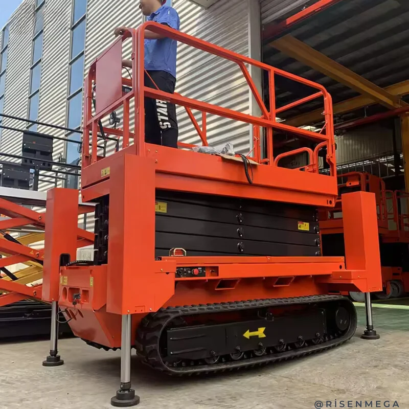 Hydraulische Scherenhebebühne aus Stahl mit hoher Raupenfahrwerk, 16 m, mit hydraulischen Auslegern
