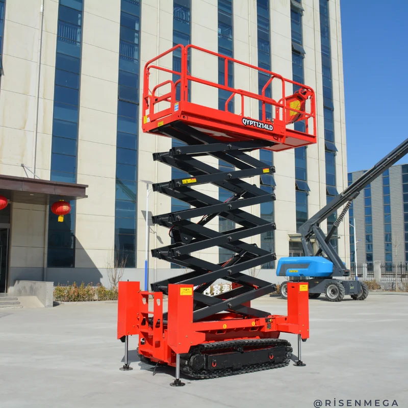 Hydraulische Scherenhebebühne aus Stahl mit hoher Raupenfahrwerk, 14 m, mit hydraulischen Auslegern