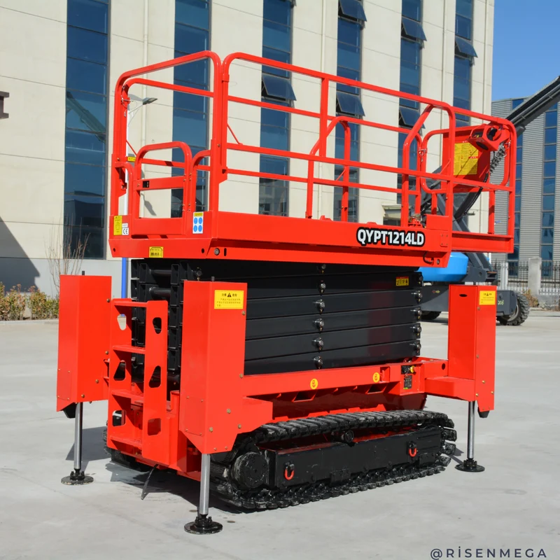 Hydraulische Scherenhebebühne aus Stahl mit hoher Raupenfahrwerk, 14 m, mit hydraulischen Auslegern