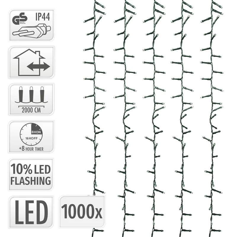 ECD Germany | LED Lichterkette Außen Innen 20 m Warmweiß Weihnachtsbeleuchtung LED Cluster Büschellichterkette Weihnachten wetterfest 1000 LED Timer