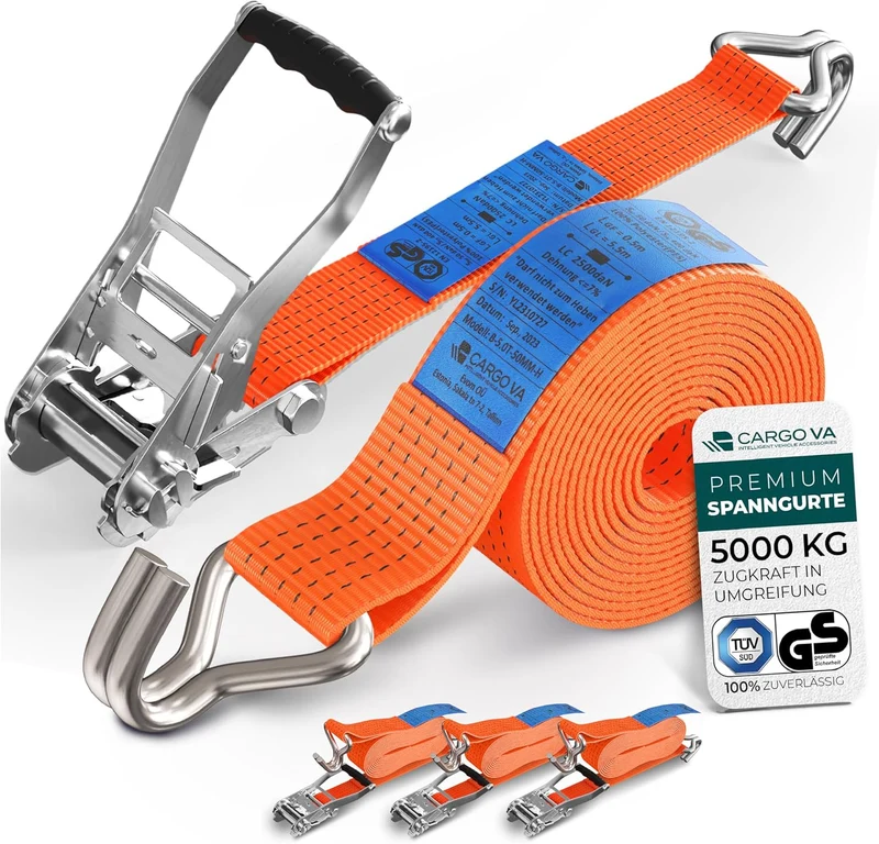 CargoVA 5000kg Ratschengurte - 2er bis 10er Pack - 4/6/10M - TÜV/GS & DIN