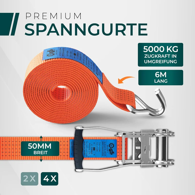 CargoVA 5000kg Ratschengurte - 2er bis 10er Pack - 4/6/10M - TÜV/GS & DIN