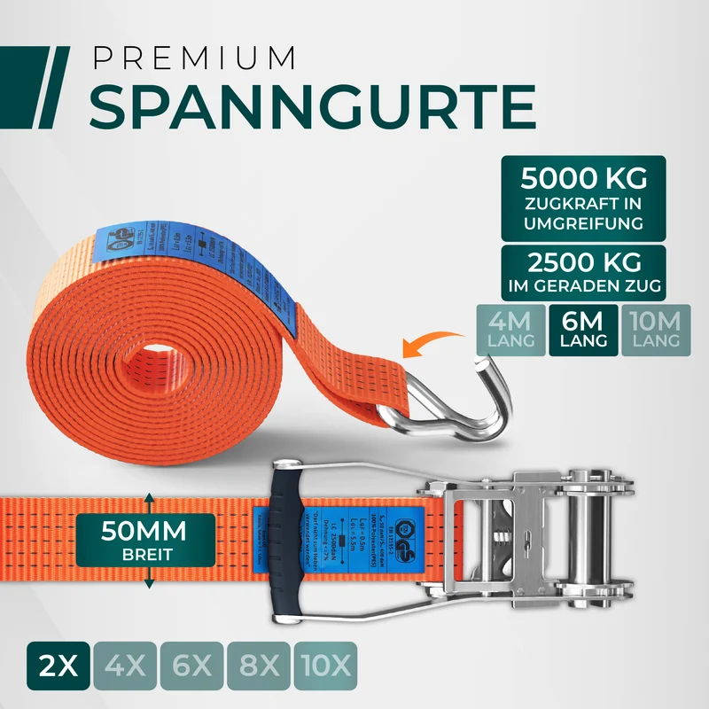 CargoVA 5000kg Ratschengurte - 2er bis 10er Pack - 4/6/10M - TÜV/GS & DIN