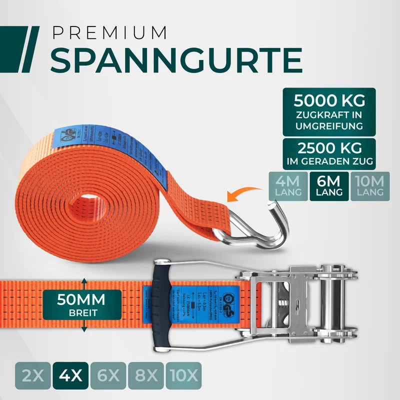 CargoVA 5000kg Ratschengurte - 2er bis 10er Pack - 4/6/10M - TÜV/GS & DIN