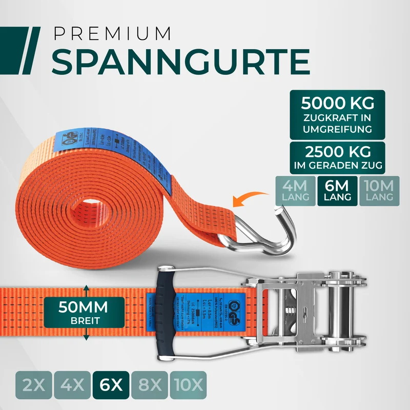 CargoVA 5000kg Ratschengurte - 2er bis 10er Pack - 4/6/10M - TÜV/GS & DIN