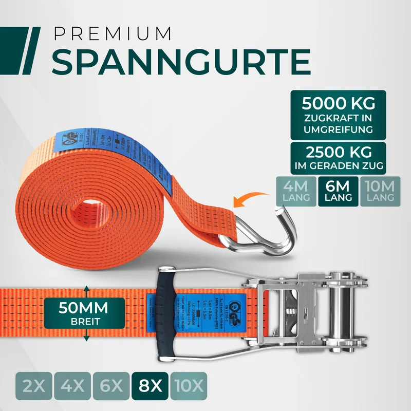 CargoVA 5000kg Ratschengurte - 2er bis 10er Pack - 4/6/10M - TÜV/GS & DIN