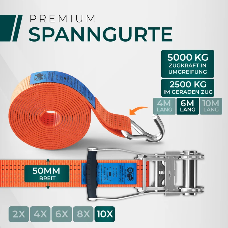 CargoVA 5000kg Ratschengurte - 2er bis 10er Pack - 4/6/10M - TÜV/GS & DIN