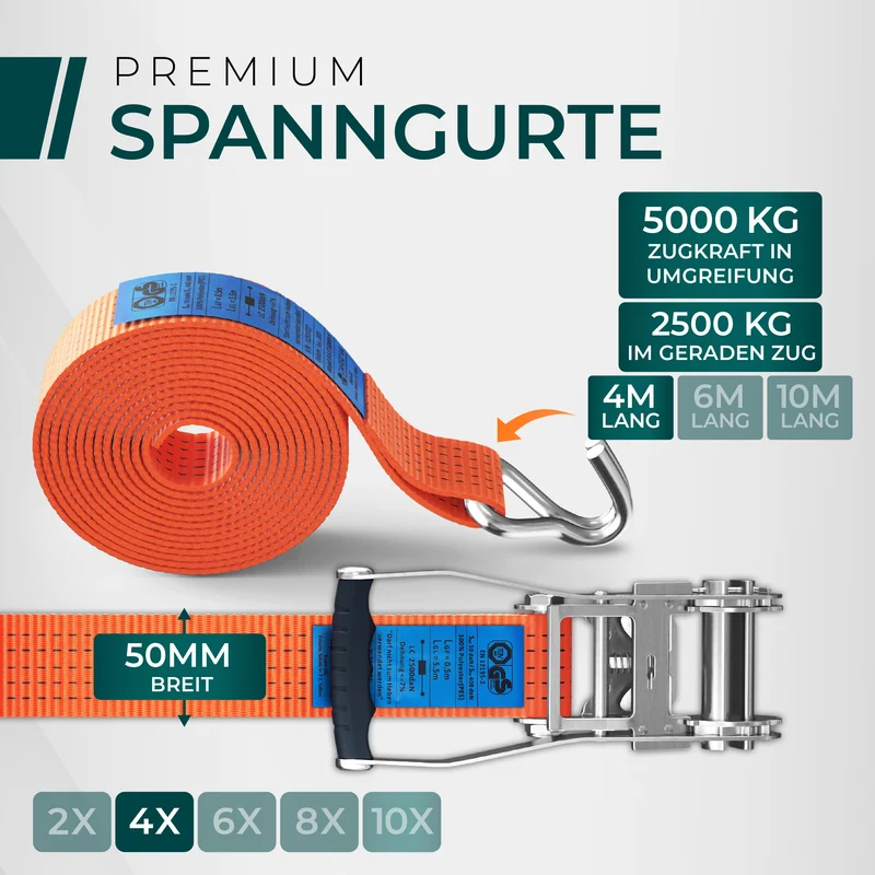 CargoVA 5000kg Ratschengurte - 2er bis 10er Pack - 4/6/10M - TÜV/GS & DIN