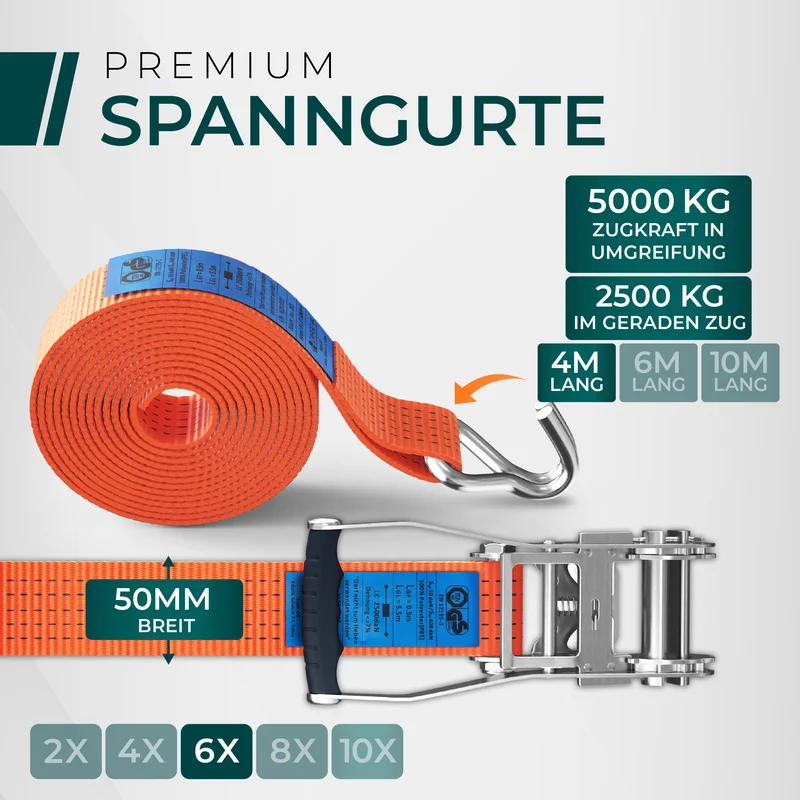 CargoVA 5000kg Ratschengurte - 2er bis 10er Pack - 4/6/10M - TÜV/GS & DIN
