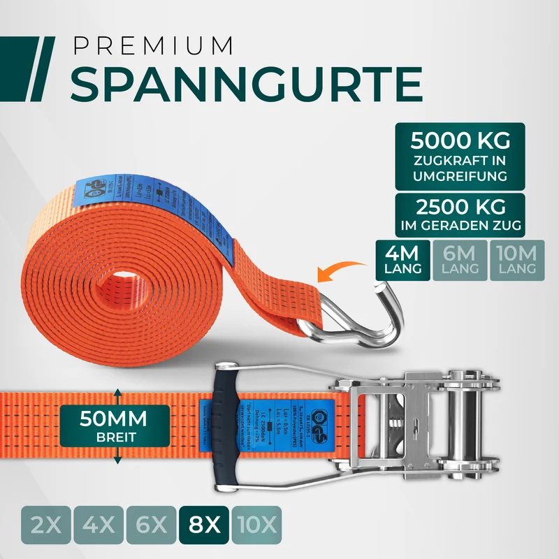 CargoVA 5000kg Ratschengurte - 2er bis 10er Pack - 4/6/10M - TÜV/GS & DIN