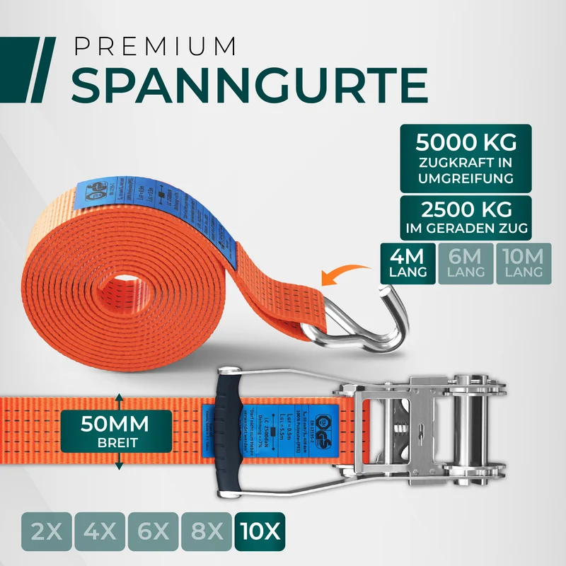 CargoVA 5000kg Ratschengurte - 2er bis 10er Pack - 4/6/10M - TÜV/GS & DIN