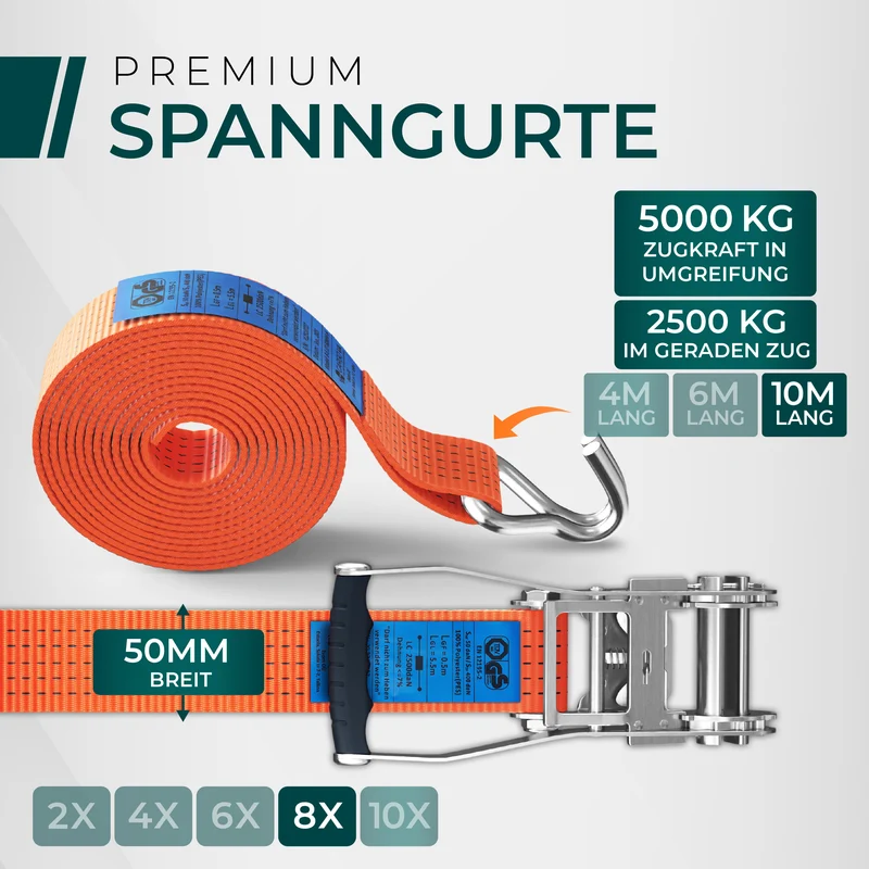 CargoVA 5000kg Ratschengurte - 2er bis 10er Pack - 4/6/10M - TÜV/GS & DIN