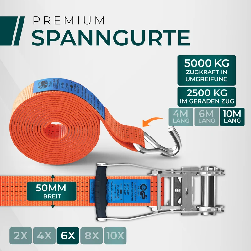 CargoVA 5000kg Ratschengurte - 2er bis 10er Pack - 4/6/10M - TÜV/GS & DIN