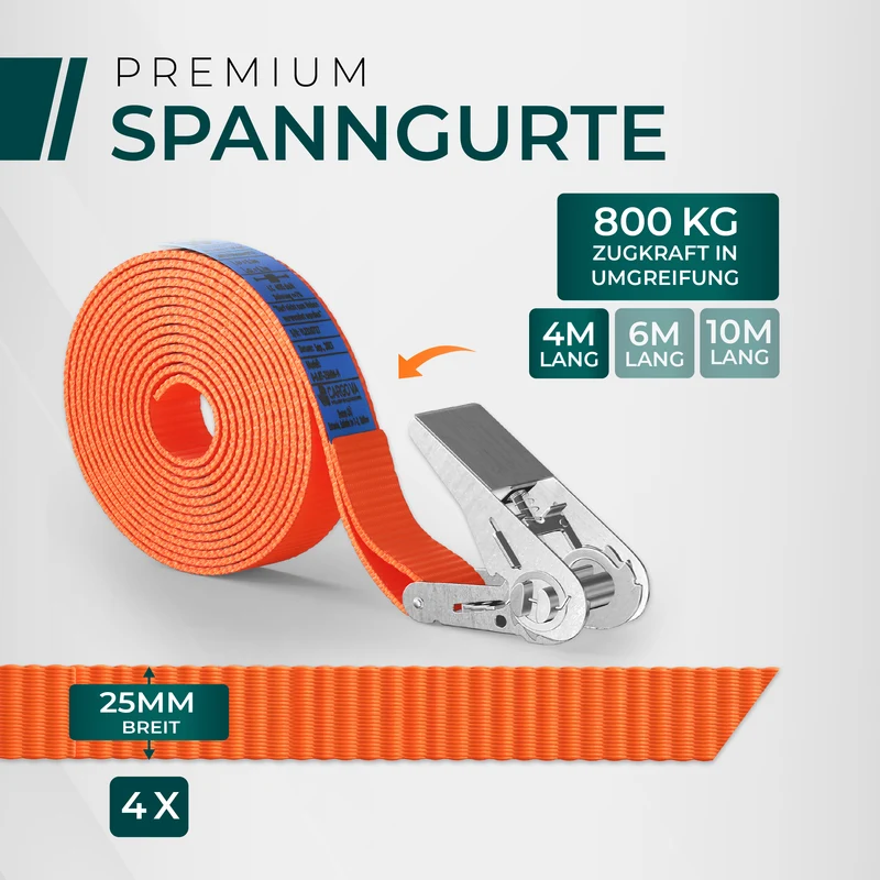 CargoVA Spanngurte - 800KG - 4/6/10M - [Mit / Ohne Haken]
