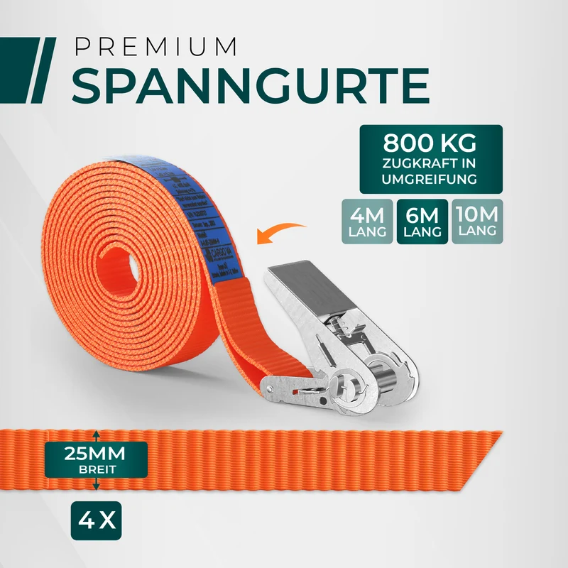 CargoVA Spanngurte - 800KG - 4/6/10M - [Mit / Ohne Haken]