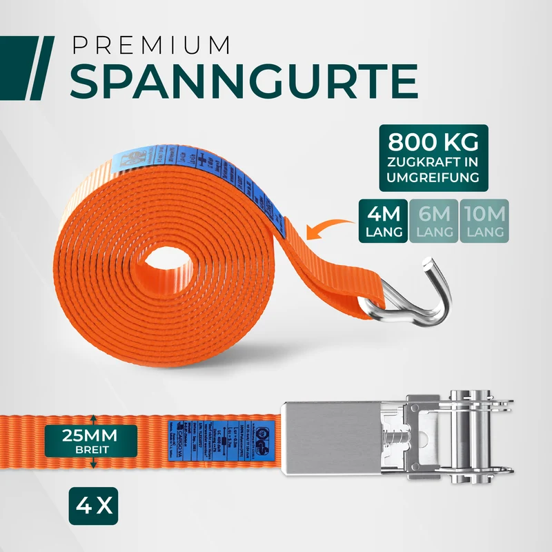CargoVA Spanngurte - 800KG - 4/6/10M - [Mit / Ohne Haken]