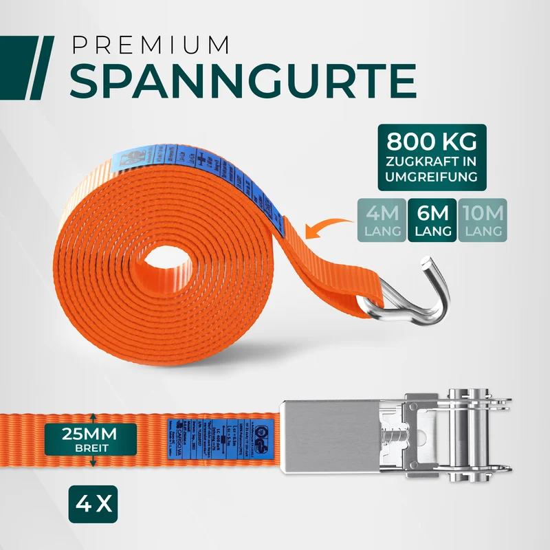 CargoVA Spanngurte - 800KG - 4/6/10M - [Mit / Ohne Haken]