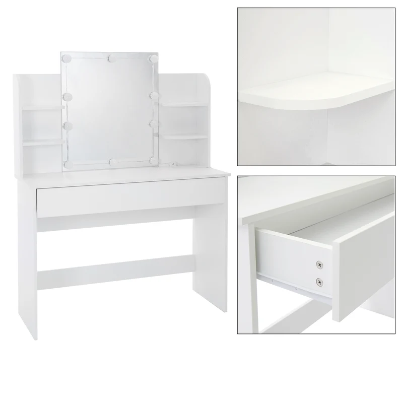 Schminktisch Frisiertisch 108x40x140 cm in Weiß mit Spiegel, LED-Beleuchtung & Schublade ML-Design