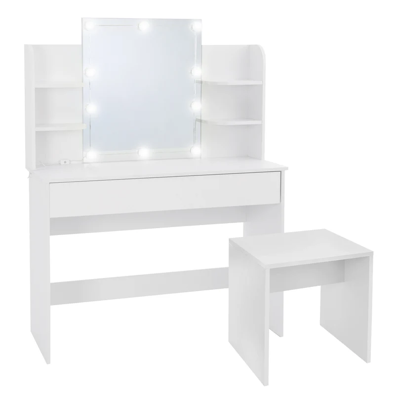 Schminktisch Frisiertisch 108x40x140 cm in Weiß mit Spiegel, LED-Beleuchtung, großer Schublade & Hocker ML-Design