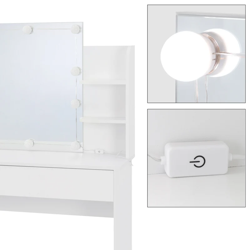 Schminktisch Frisiertisch 108x40x140 cm in Weiß mit Spiegel, LED-Beleuchtung, großer Schublade & Hocker ML-Design