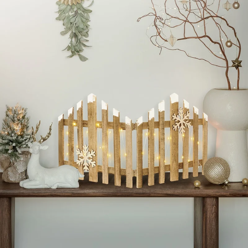 ECD Germany | LED Weihnachtszaun aus Holz, Weihnachtsdeko, Mini Gartenzaun beleuchtet, Mini-Lattenzaun