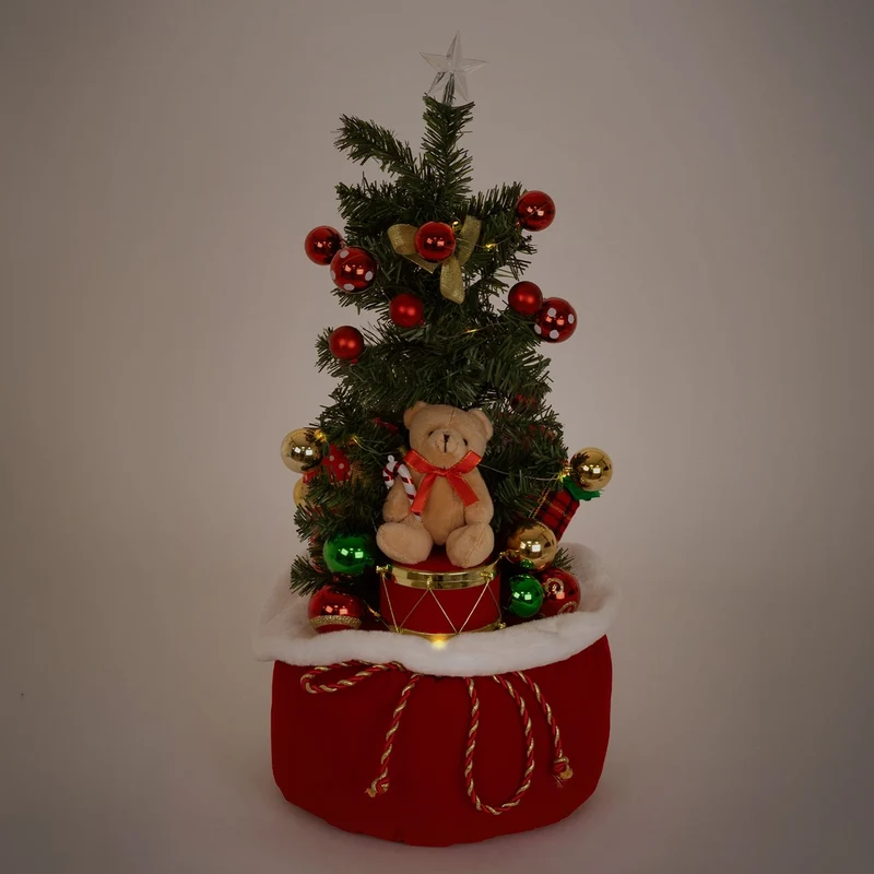 ECD GERMANY | Künstlicher Mini-Weihnachtsbaum mit Beleuchtung Ø34x60 cm Weihnachtsdeko Innen LED-Tannenbaum mit Teddybär und Lichterkette Christbaum