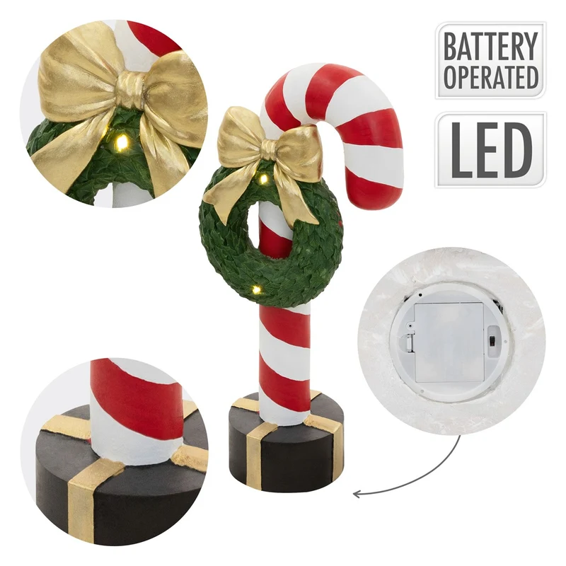 ECD Germany | Zuckerstange-Figur mit LED-Beleuchtung 68 cm Rot-Weiß Weihnachtsdeko Innen Zuckerstange-Stab mit Kranz Weihnachtsfigur Batteriebetrieben