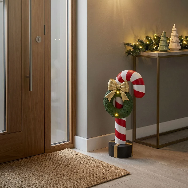 ECD Germany | Zuckerstange-Figur mit LED-Beleuchtung 68 cm Rot-Weiß Weihnachtsdeko Innen Zuckerstange-Stab mit Kranz Weihnachtsfigur Batteriebetrieben