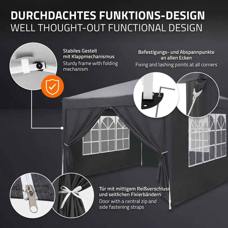 ECD Germany | Pavillon Pop Up B-Ware Wasserabweisend mit 6 Seitenwänden 3x3 m Polyester Oxford-Gewebe Anthrazit Faltpavillon Gartenpavillon Gartenzelt