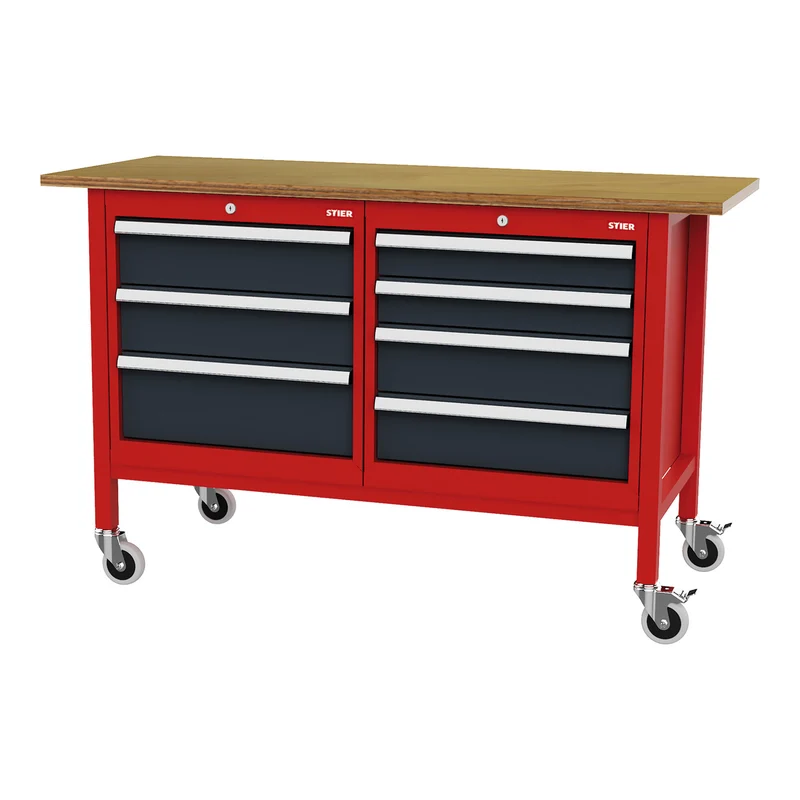 STIER Mobile Kastenwerkbank mit 4 Schubladen und 2 Holzfachböden BxTxH 1300x600x960 mm RAL 3020 / RAL 7016