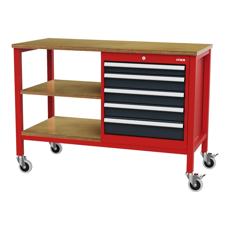STIER Mobile Kastenwerkbank mit 4 Schubladen und 2 Holzfachböden BxTxH 1300x600x960 mm RAL 3020 / RAL 7016