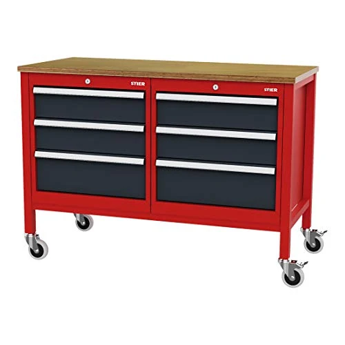 STIER Mobile Kastenwerkbank mit 4 Schubladen und 2 Holzfachböden BxTxH 1300x600x960 mm RAL 3020 / RAL 7016